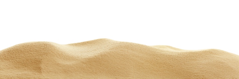 Photo of Heap of dry beach sand on white background