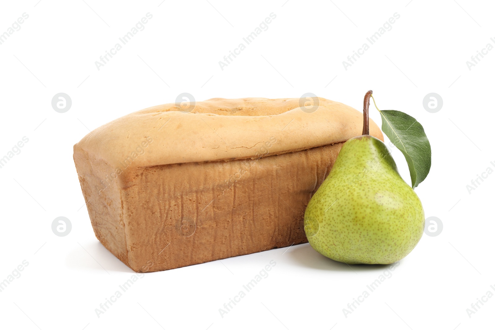 Photo of Tasty bread and pear isolated on white. Homemade cake