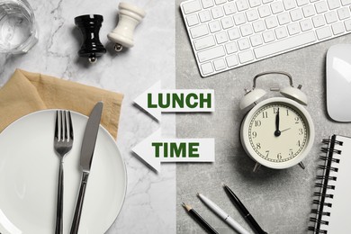 Image of Arrows with words Lunch Time symbolizing changeover from business hours to lunch break. Dinner table with empty plate and cutlery on one side and office table with alarm clock and computer keyboard on other, flat lay
