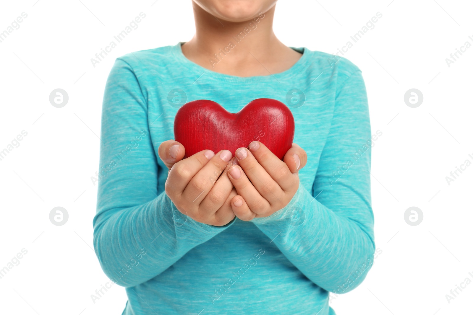 Photo of Boy holding decorative heart on white background, closeup