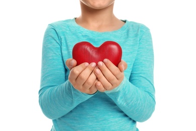 Photo of Boy holding decorative heart on white background, closeup