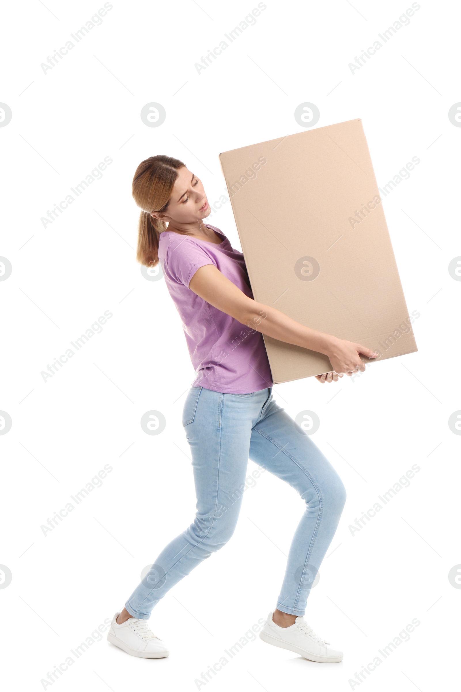 Photo of Full length portrait of woman carrying carton box on white background. Posture concept