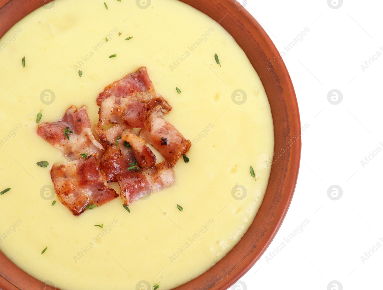 Photo of Tasty potato soup with bacon and rosemary in bowl isolated on white, top view