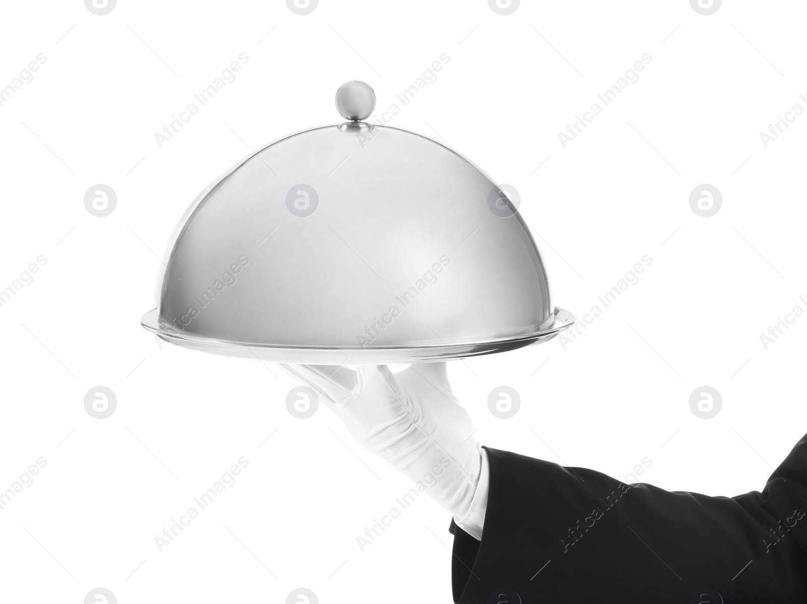 Photo of Waiter holding metal tray with lid on white background