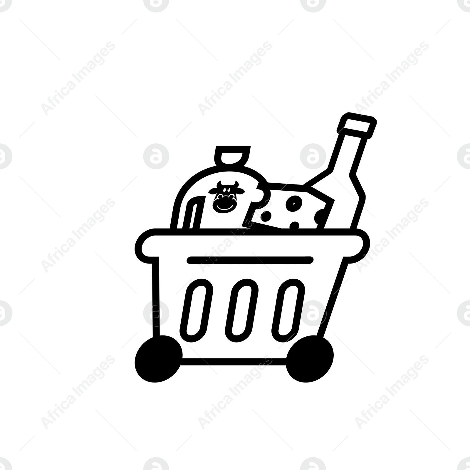 Illustration of Shopping basket full of products on wheels. Illustration on white background. Food delivery service