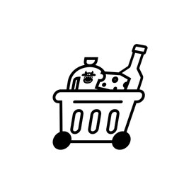 Illustration of Shopping basket full of products on wheels. Illustration on white background. Food delivery service