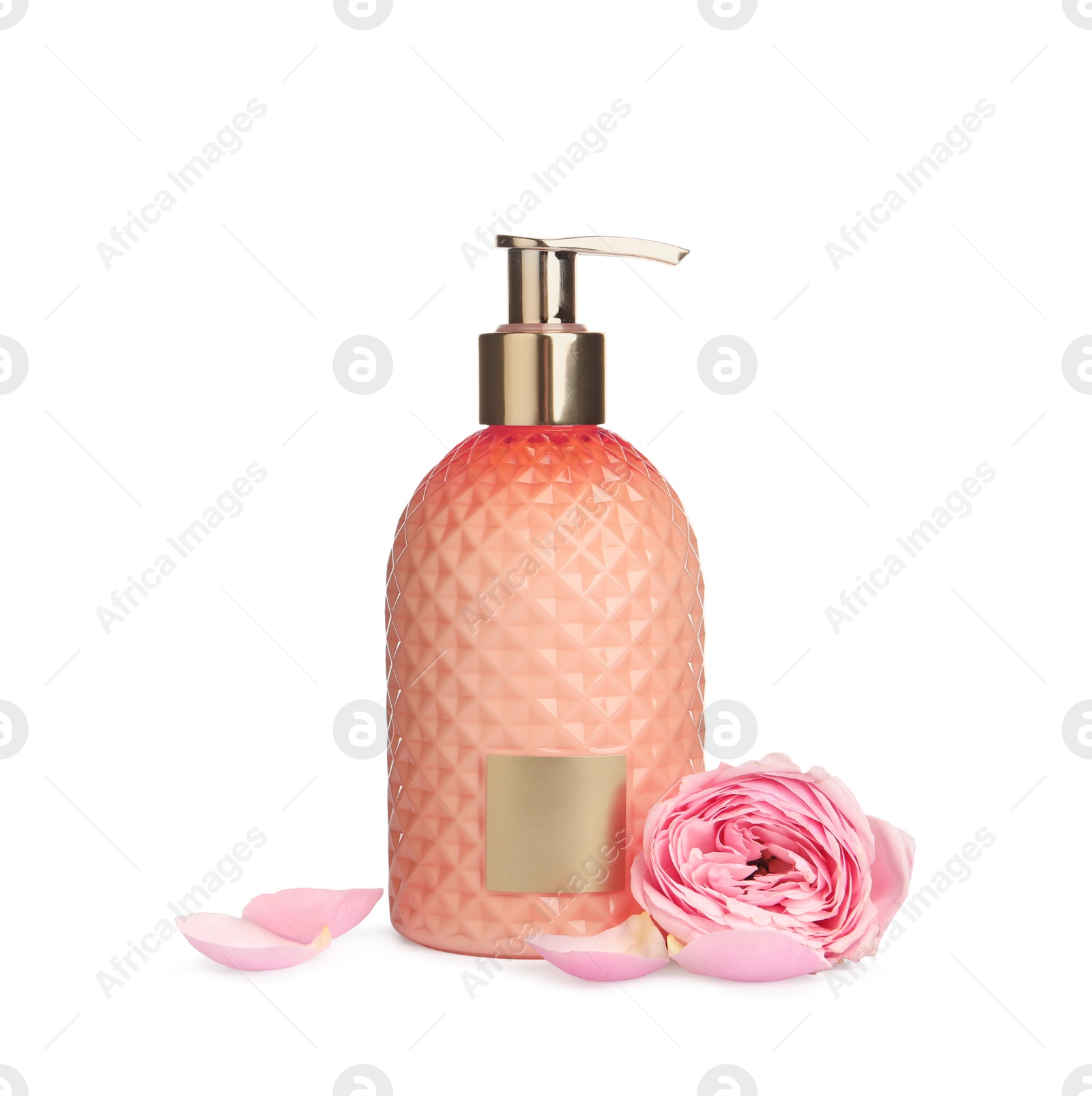 Photo of Stylish dispenser with liquid soap and flower on white background