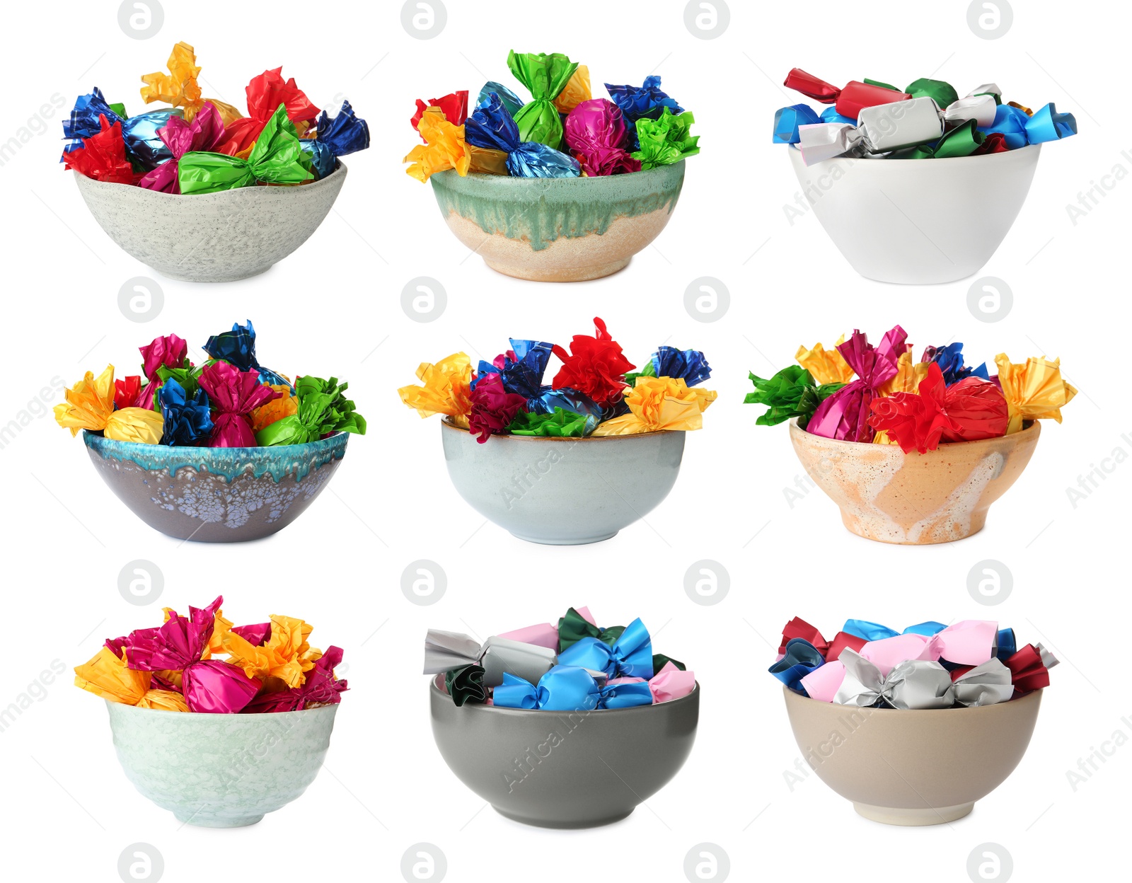 Image of Set with tasty candies in colorful wrappers on white background 