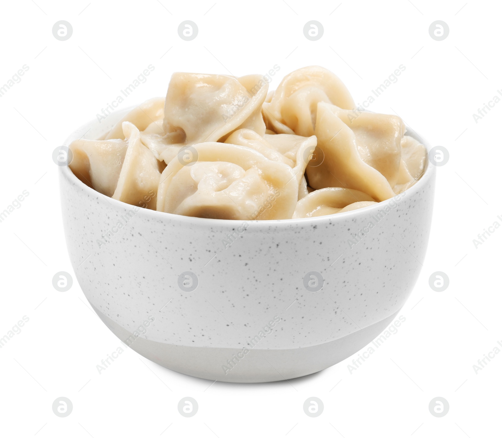 Photo of Tasty dumplings in bowl isolated on white