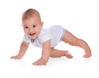 Photo of Cute little baby boy crawling on white background