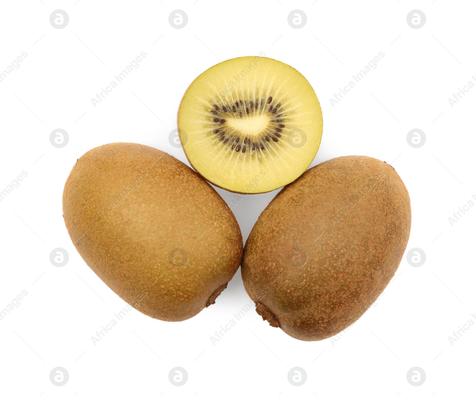 Photo of Whole and cut ripe yellow kiwis on white background, top view