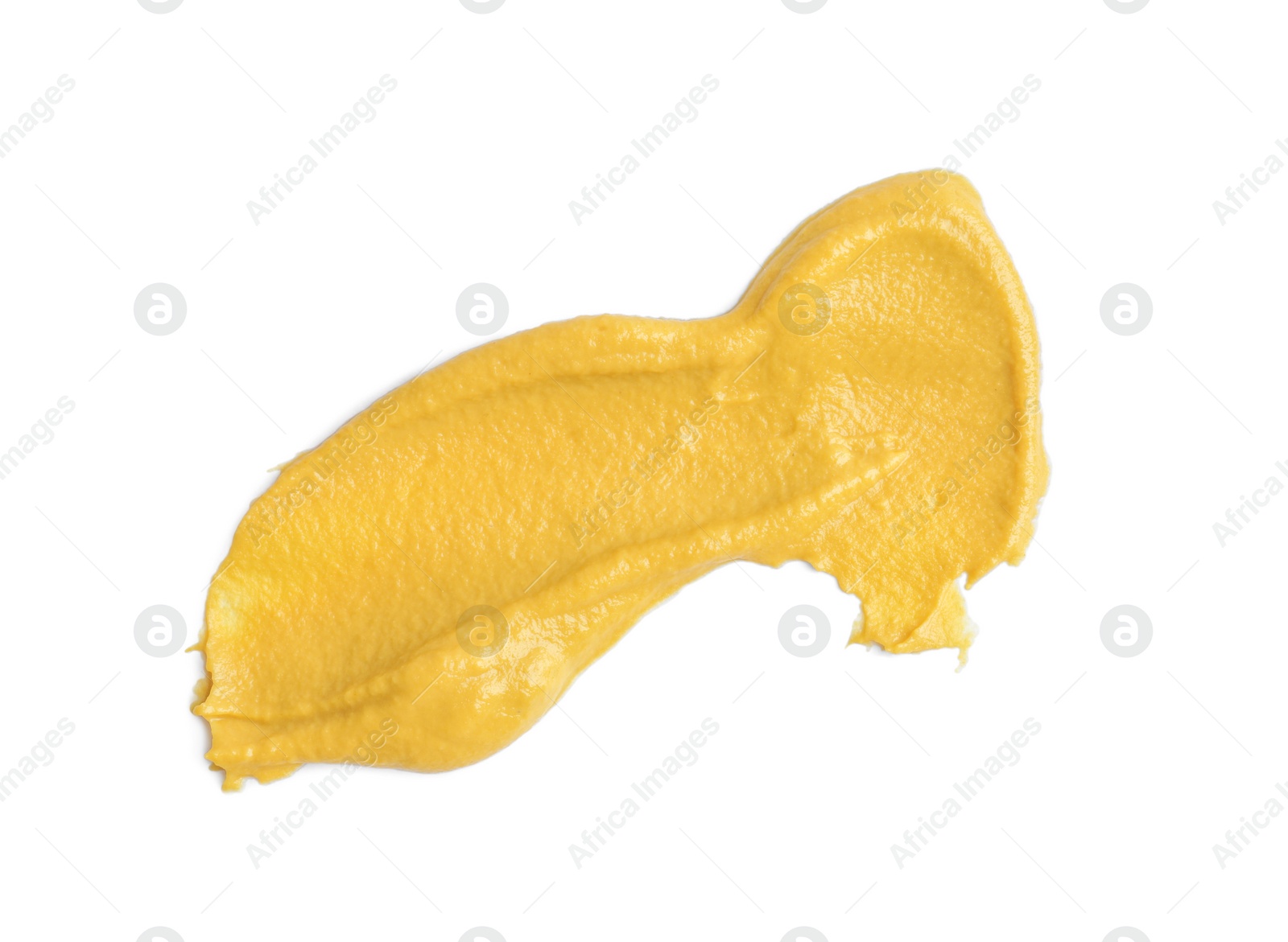 Photo of Tasty mustard isolated on white, top view. Spicy sauce