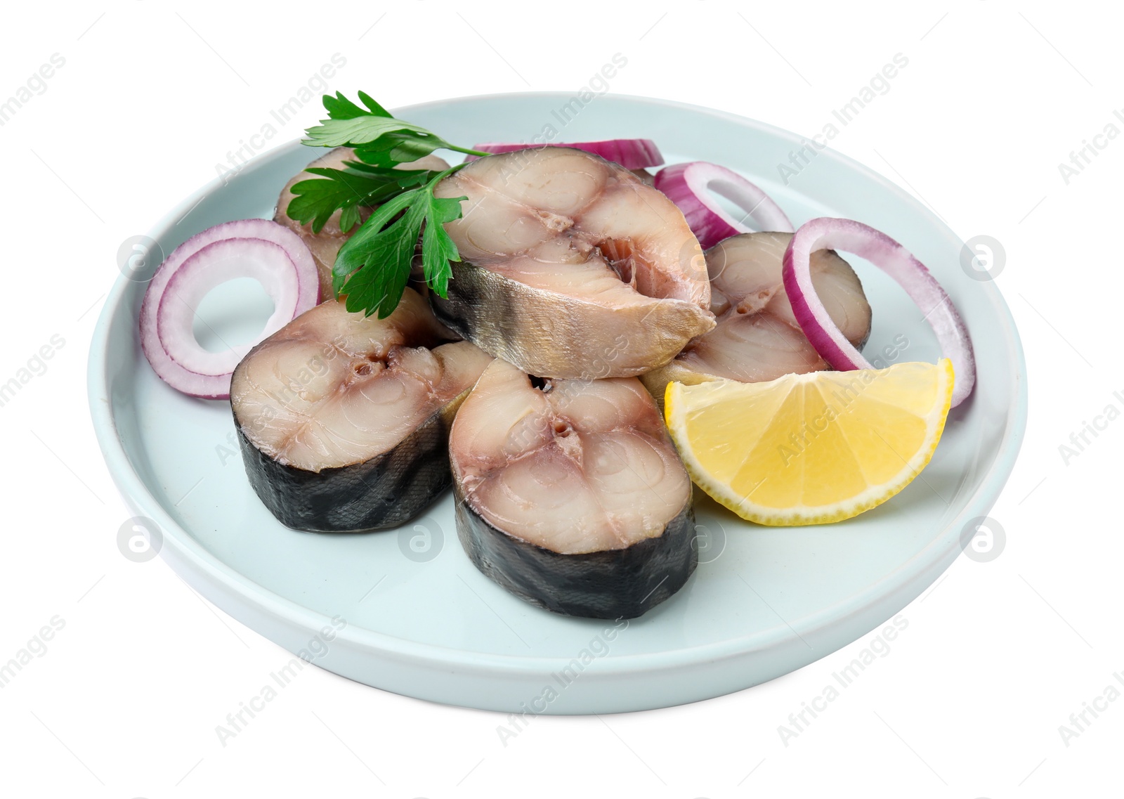 Photo of Slices of tasty salted mackerel with onion rings, parsley and lemon wedge isolated on white