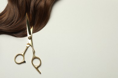 Professional hairdresser scissors with brown hair strand on light grey background, top view. Space for text