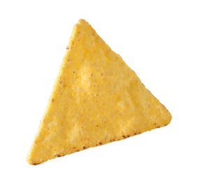 Photo of Tasty Mexican nacho chip on white background