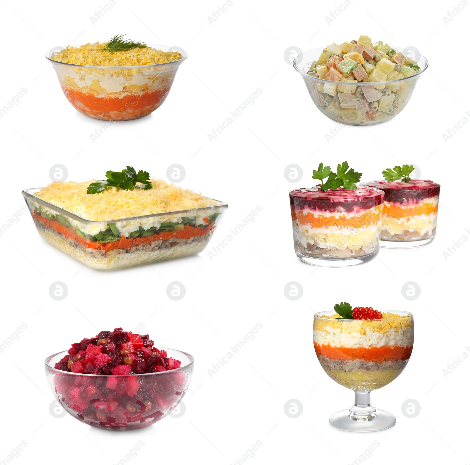 Image of Set of traditional russian salads on white background