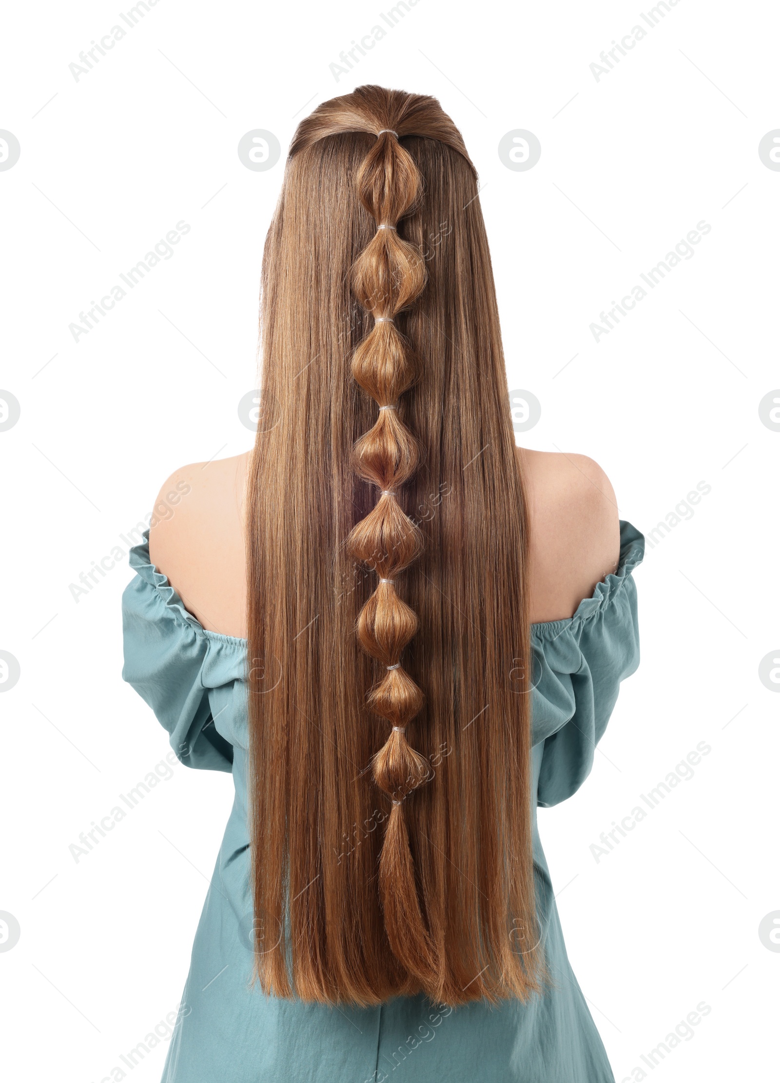 Photo of Woman with braided hair on white background, back view