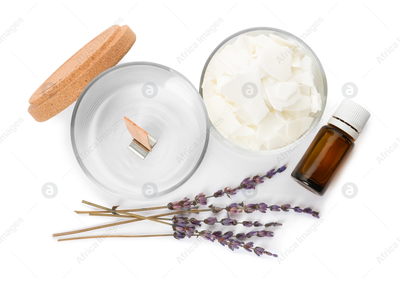 Photo of Wax flakes, dry lavender and essential oil on white background, top view. Making homemade candle