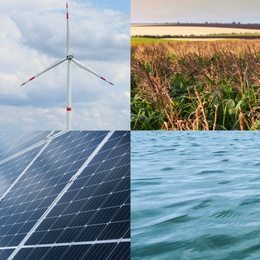 Image of Collage with photos of water, field, solar panels and wind turbine. Alternative energy source