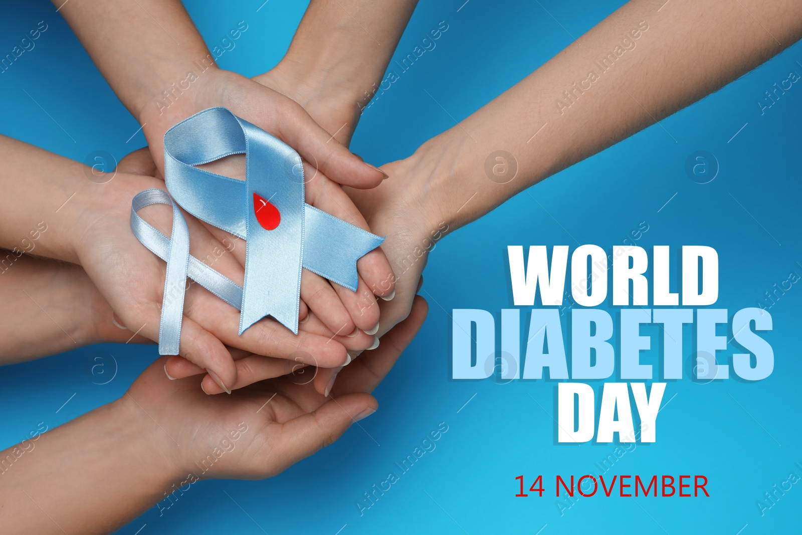 Image of World Diabetes Day. People holding light blue ribbons with paper blood drop on color background, top view 