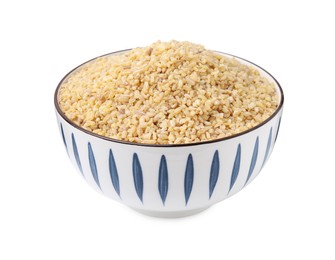Photo of Raw bulgur in bowl isolated on white