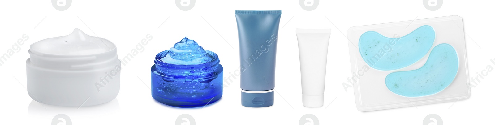 Image of Set with different cosmetic products on white background. Banner design