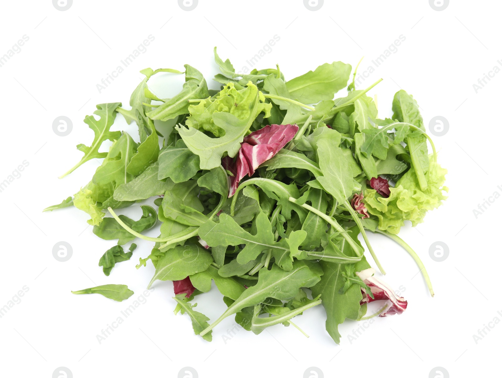 Photo of Heap of fresh salad greens on white background, top view