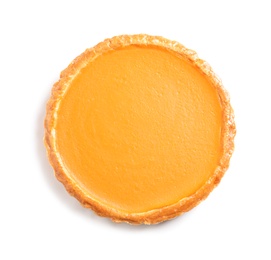 Fresh delicious homemade pumpkin pie on white background, top view