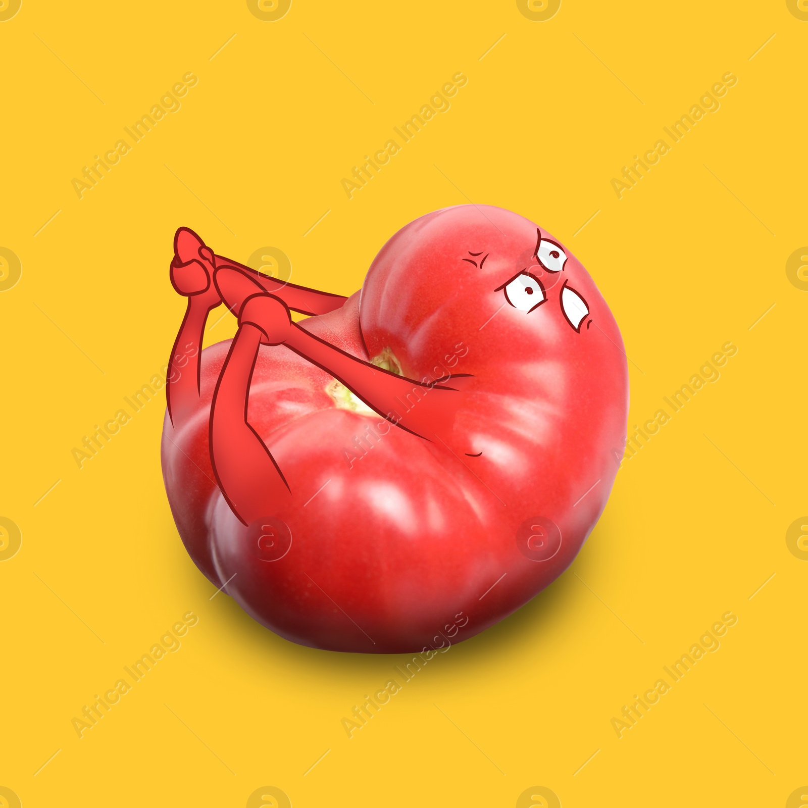 Image of Creative artwork. Tensed red tomato practicing yoga. Vegetable with drawings on light orange background