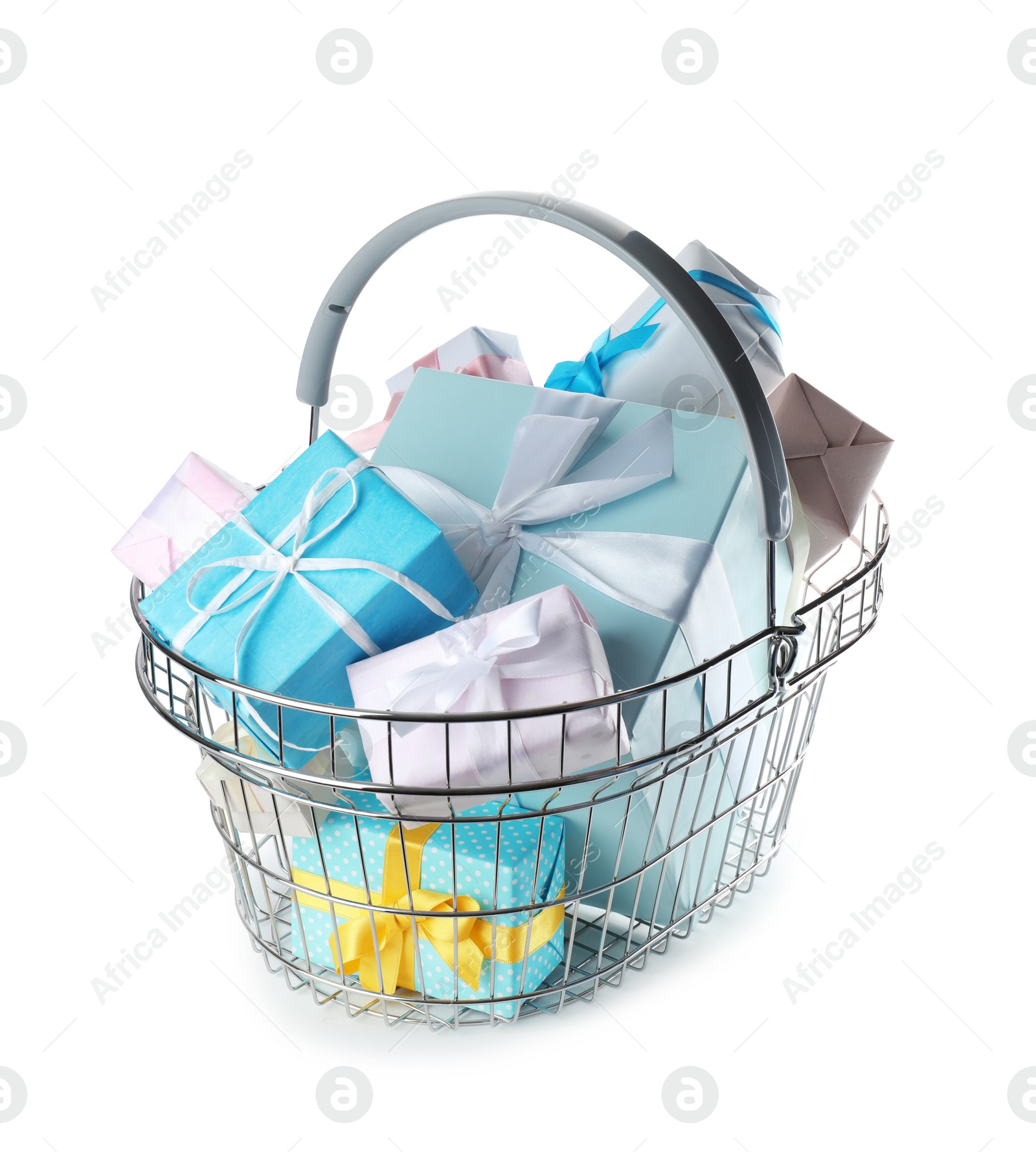 Photo of Shopping basket full of gift boxes on white background