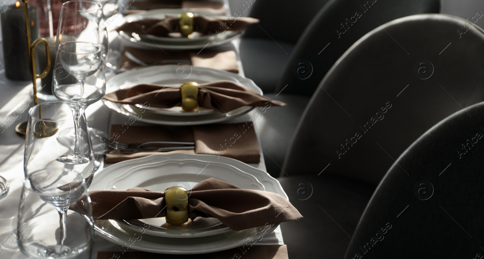 Image of Festive table setting with beautiful decor indoors. Banner design