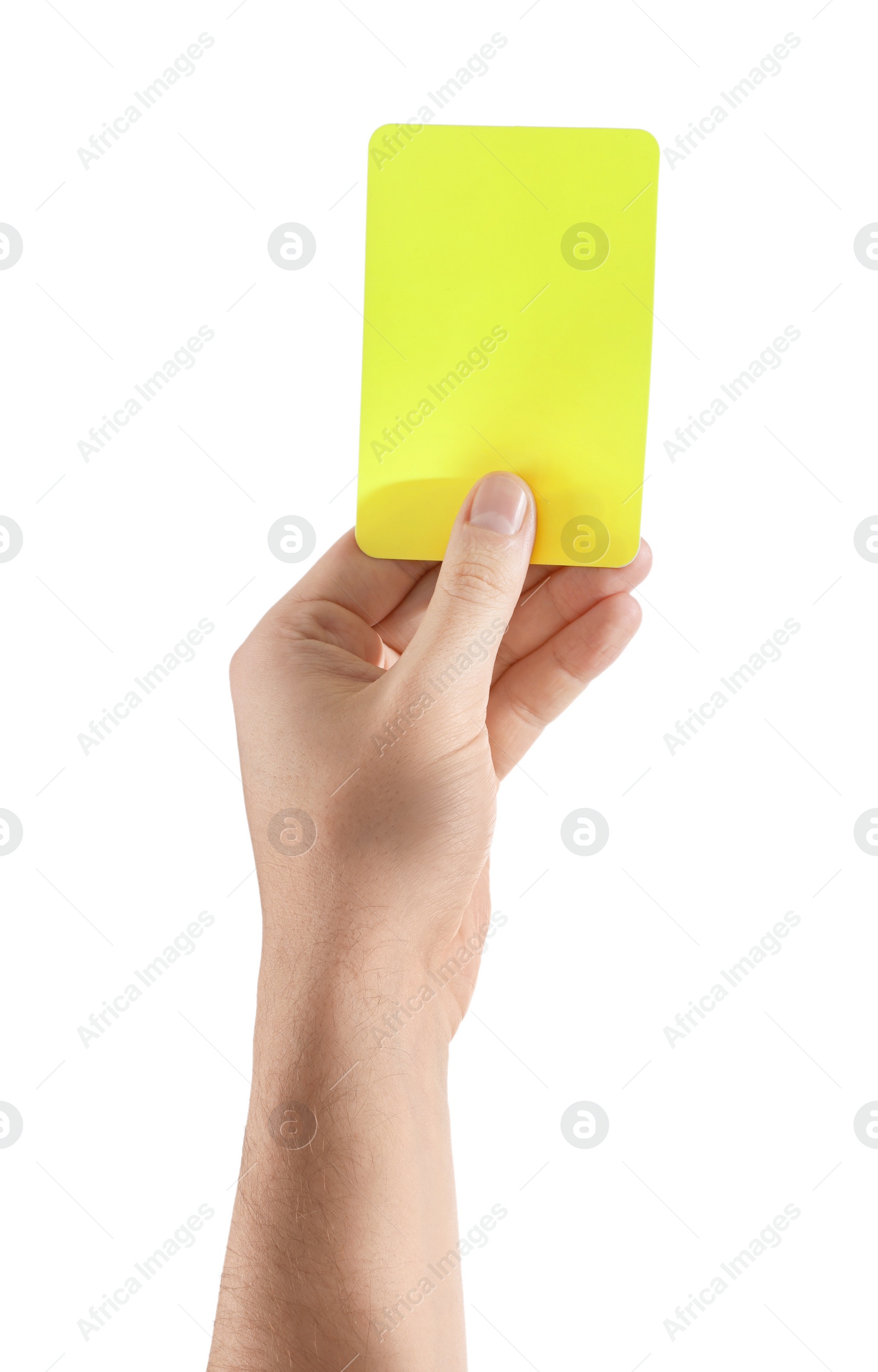 Photo of Referee holding yellow card on white background, closeup