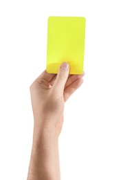 Photo of Referee holding yellow card on white background, closeup