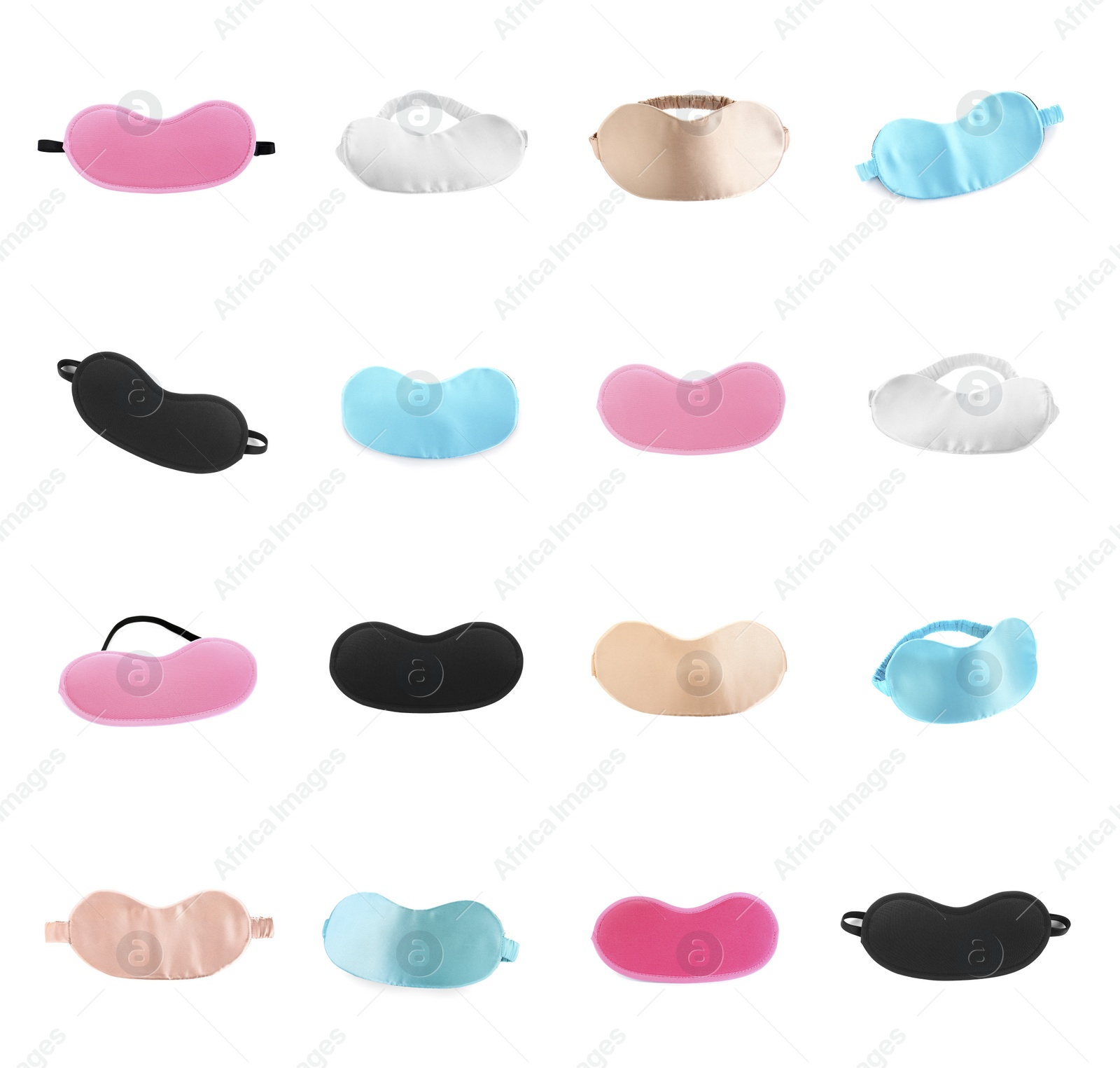 Image of Set of sleeping eye masks on white background