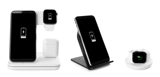 Image of Collage with wireless chargers and gadgets on white background