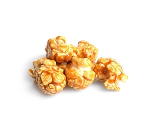 Photo of Delicious popcorn with caramel on white background
