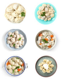 Image of Set of tasty dumplings isolated on white, top view