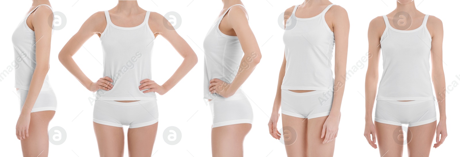 Image of Collage with photos of young woman in underwear on white background, closeup. Beauty and body care