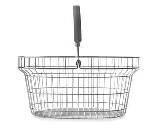 Empty metal shopping basket on white background