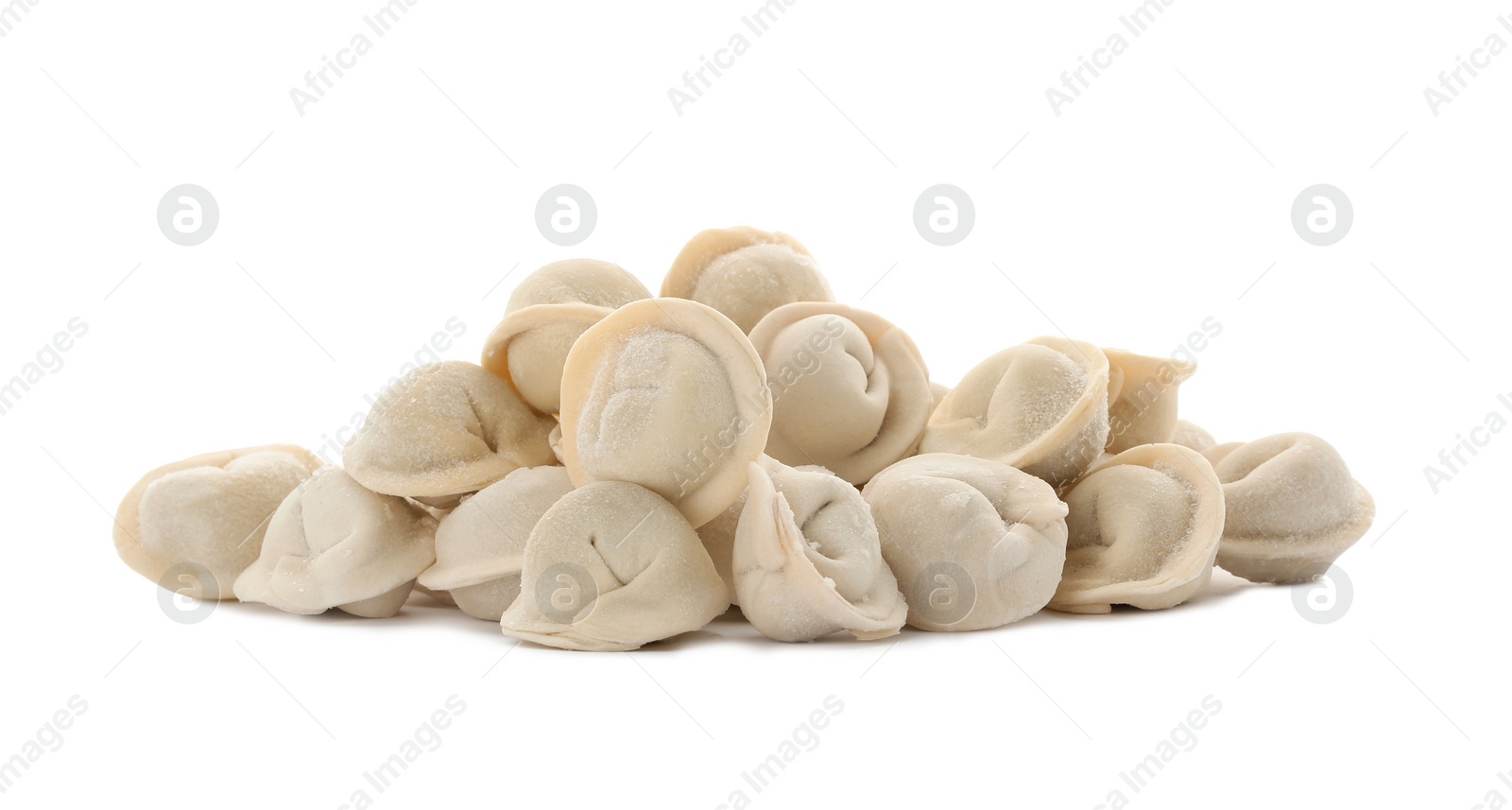 Photo of Heap of raw meat dumplings on white background