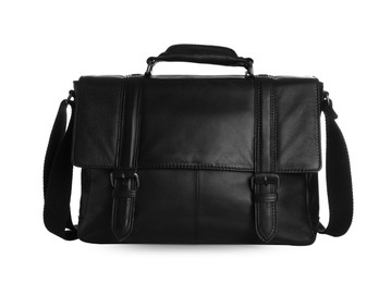 Photo of Stylish black leather briefcase isolated on white