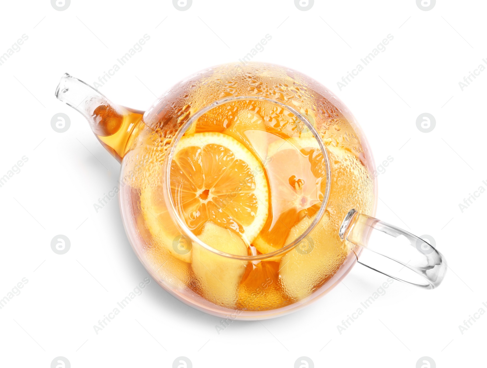 Photo of Teapot with lemon ginger tea on white background, top view