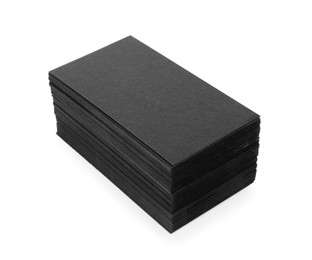 Stack of blank black business cards isolated on white. Mockup for design