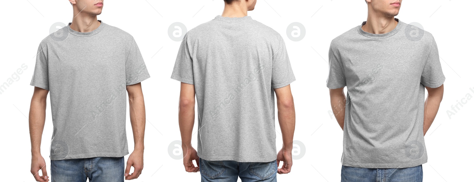 Image of Collage with photos of man in grey t-shirt on white background, closeup. Back and front views for mockup design