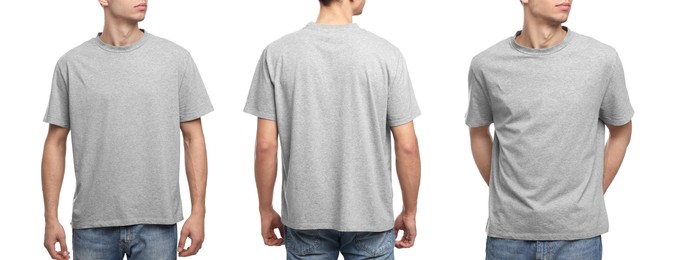 Image of Collage with photos of man in grey t-shirt on white background, closeup. Back and front views for mockup design