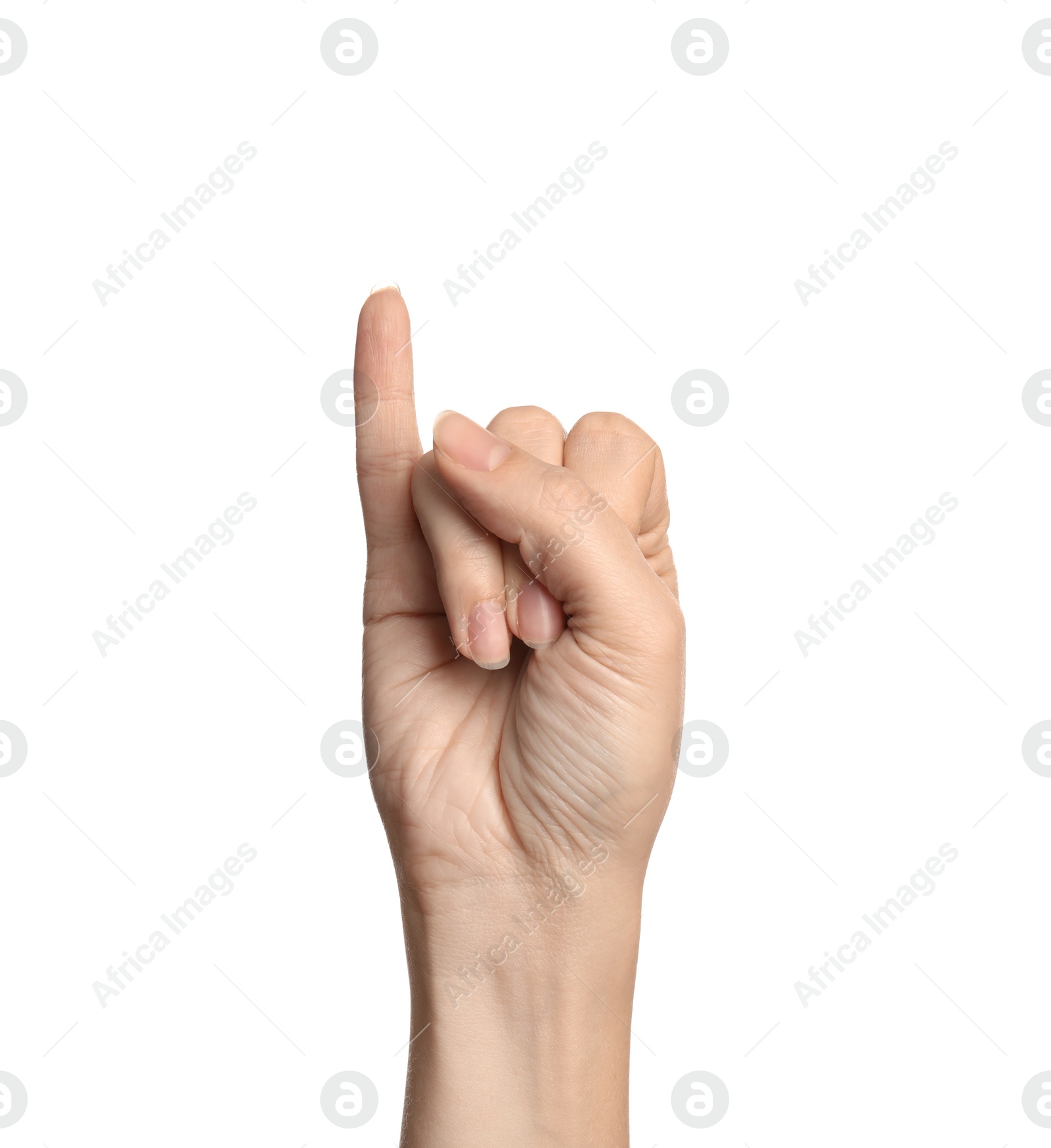 Photo of Woman showing I letter on white background, closeup. Sign language