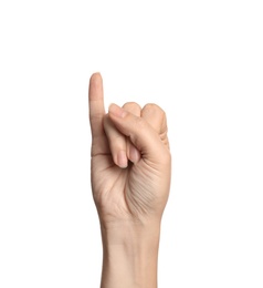 Photo of Woman showing I letter on white background, closeup. Sign language