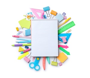 Composition with different school stationery and notebook on white background