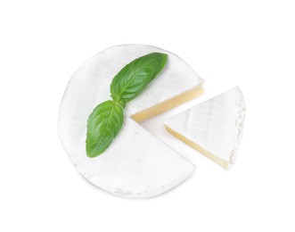 Tasty cut brie cheese with basil on white background, top view