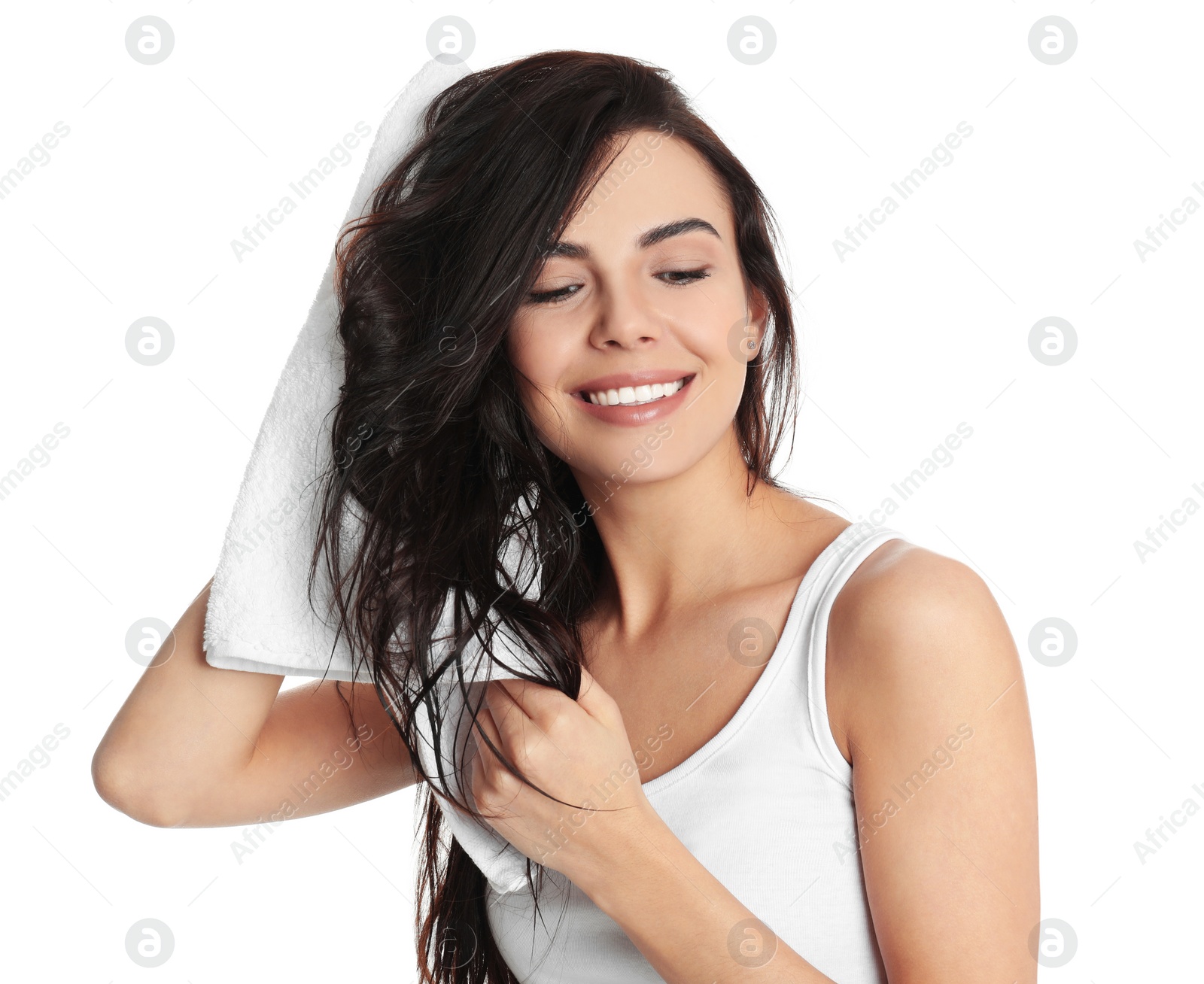 Photo of Young woman drying hair with towel on white background